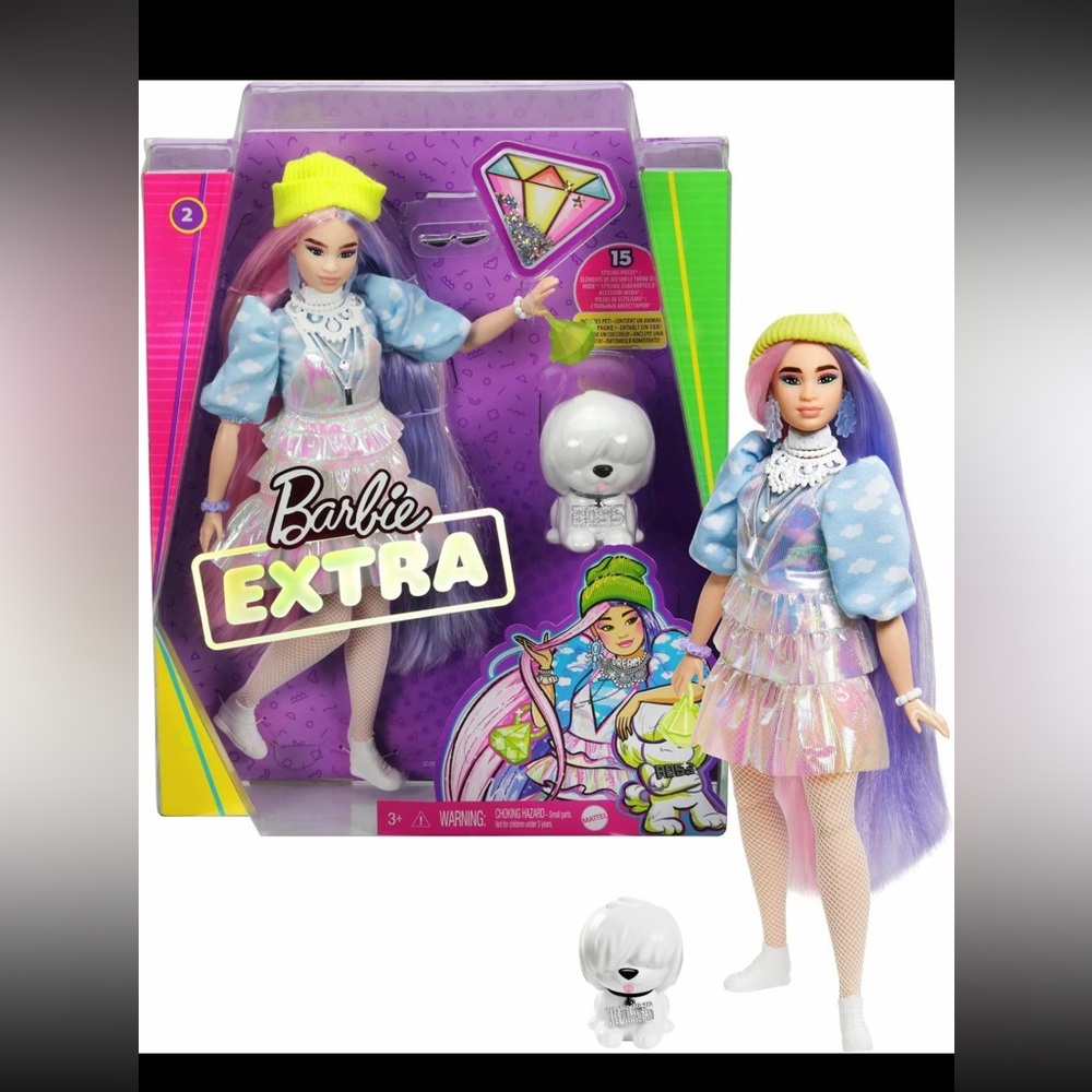 Barbie Extra Doll in Shimmery Look with Pet Puppy